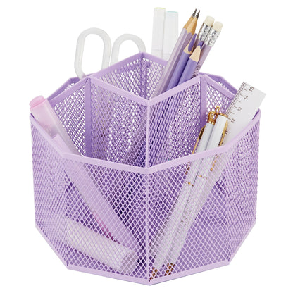 Annova Mesh Desk Organizer Rotate with 5 Compartments Spinning Tidy Candy/Pen Holder Office, Art Supply, Storage, Classroom, Home (Light Purple)