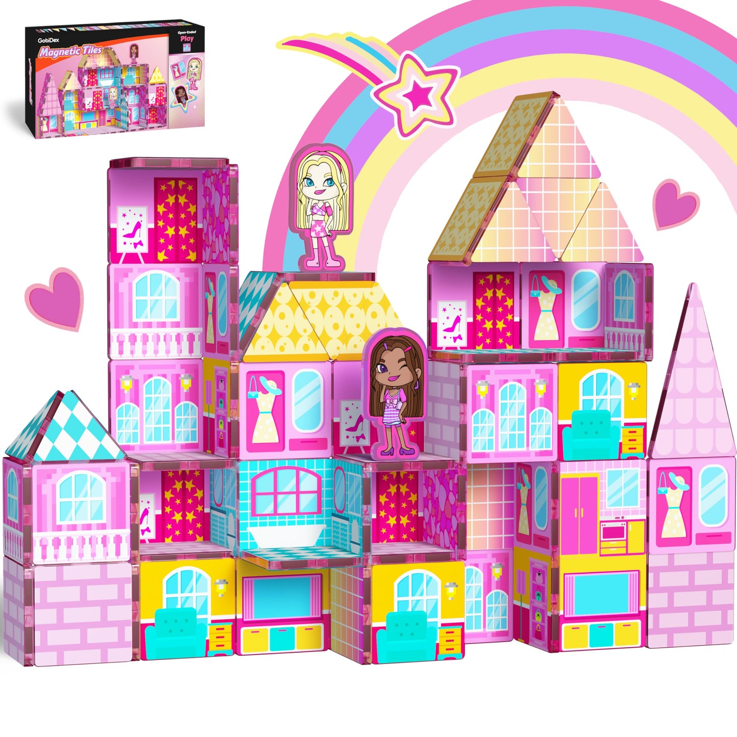 GobiDex Princess Magnetic Doll House Building Toys for Girls 3+, Pink Magnet Tiles for Kids Ages 4-8 STEM Sensory Toys for Toddlers Birthday Gifts for Girls 3+ Year Old