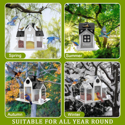 Solar Bird Feeders House for Outside Hanging, Metal Wild Bird Feeder for Outdoors Large Capacity Cardinal Birdfeeder Birdhouses Metal Bird Feeding Station White
