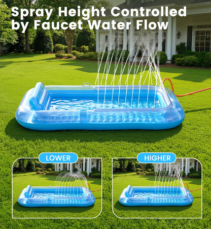 Inflatable Tanning Pool Lounger Float with Sprinkler, 77" x 48" XL Tanning Pool for Adults with Pillow & Cup Holder, 6 in 1 Suntan Tub Sunbathing Bed Pool Floats Adult for Backyard, Beach & Lake