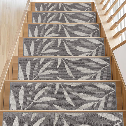 JSEI Stair Treads for Wooden Steps with 3D Leaf Pattern, 14 Pack 9" X 28" Carpet Stair Treads Non-Slip Indoor with TPE Backing, Machine Washable Stair Runners for Kids Elders and Pets, Grey