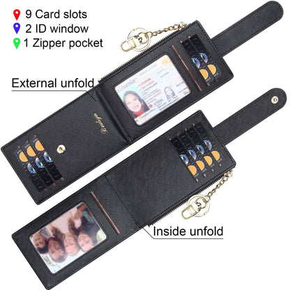 Badiya Slim Women Wallet RFID Blocking Bifold Compact 9 Card Slots Holder Wallets Soft Leather with Zipper Coin Pocket 2 ID Window