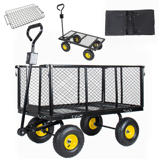 4-in-1 Heavy Duty Garden Wagon Utility Cart 880LBS, Steel Mesh Dump Wheelbarrow with 10" All-Terrain Wheels, Removable Sides & Liner, Extra High Fence, Outdoor Lawn Patio Yard Landscaping, Black