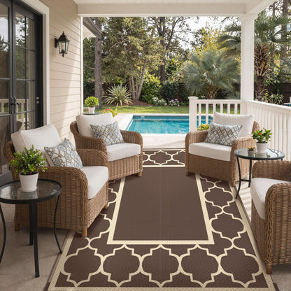 GENIMO Outdoor Rug 8' x 10' Patio Waterproof, Foldable Reversible Plastic Straw Area Rugs Mat for Camper Decor, Outside Carpet for Rv, Deck, Porch, Picnic, Beach, Balcony, Coffee & Beige