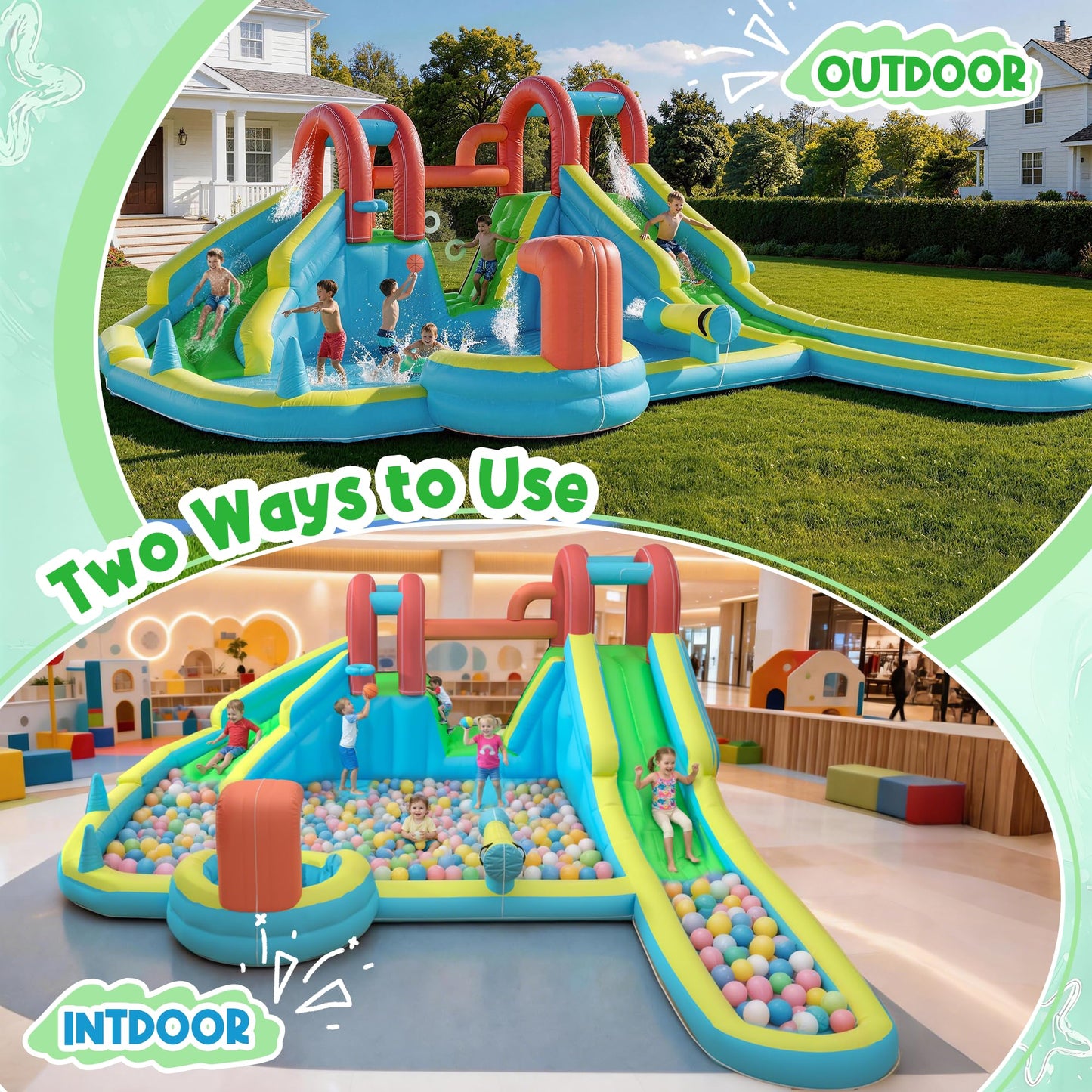 HOMMOW Inflatable Water Slide,10 in 1 Double Water Slide Bounce House for Kids 3-12 with Blower, Splash Pool, Water Cannon, Climbing Wall, Basketball Hoop for Kids Indoor Outdoor Backyard