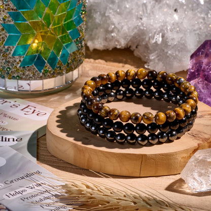 Bivei 3-Piece 8mm Beaded Bracelets for Women – Hematite, Black Tourmaline, Tiger Eye – Handmade Natural Crystal Stretch Elastic Jewelry for Meditation, Yoga, Protection Gifts
