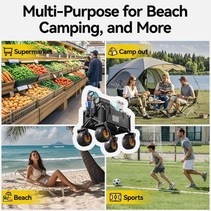 DXZ Beach Wagon Cart with Big Wheels for Sand – Folding Collapsible Wagon, Heavy Duty Wagons Carts Foldable for Beach, Camping, Outdoor Gear, Easy Setup Black Yellow