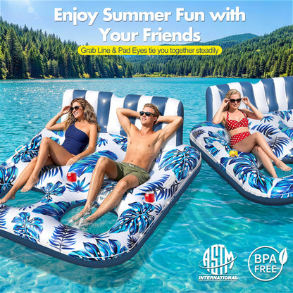 Sinbyuer 2 Person Inflatable Pool Floats Adult, 66x62 Inch Pool Lounger Float with Cup Holders & Backrest, 0.4mm Thickened Pool Float Recliner Pool Rafts, Floating Pool Chair Water Floaties for Adults