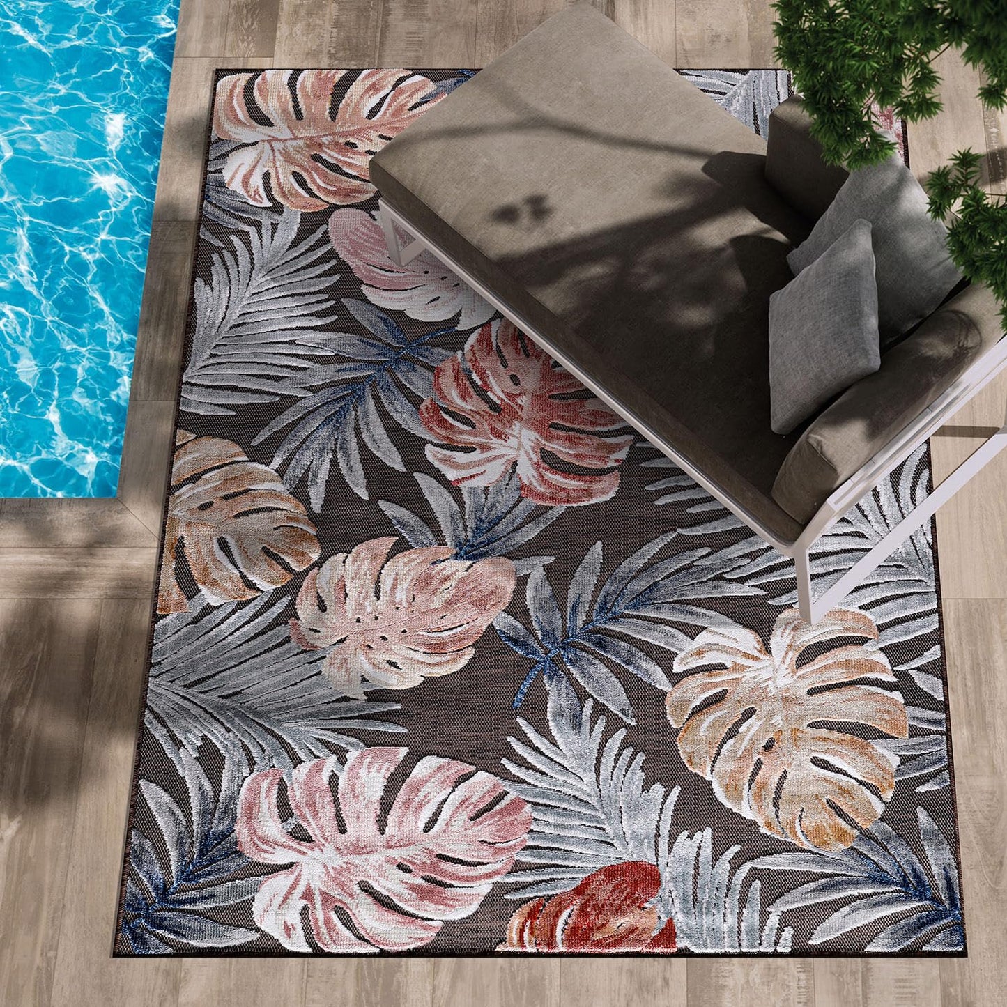 CAMILSON Indoor Outdoor Rug, Brown 6’x9’ Leaf Tropical Botanical Area Rugs for Indoor and Outdoor patios, Easy-Cleaning Non-Shedding Living Room, Garden and Kitchen Washable Outside Carpet (6x9)