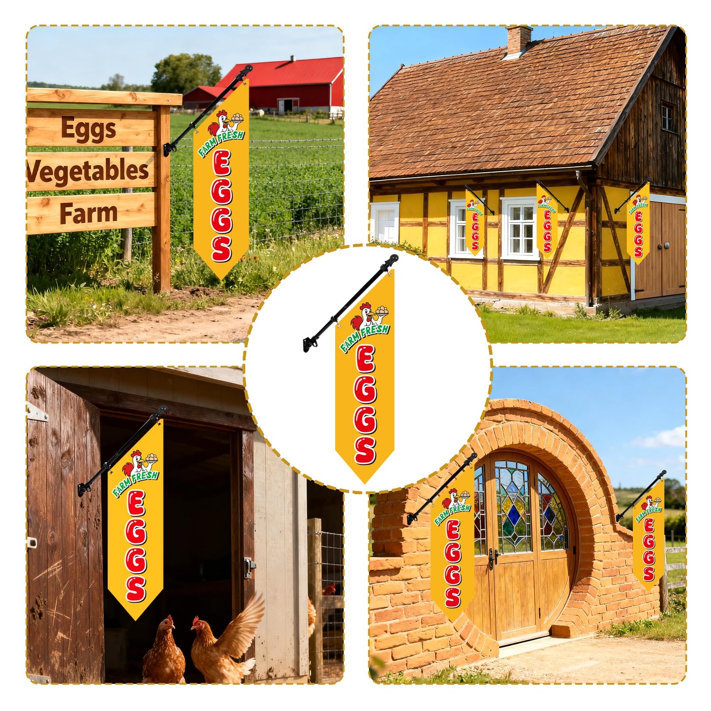 Farm Fresh Eggs Flag with Pole Kit – 42x12inch Double-Sided Heavy-Duty Canvas Flag, Outdoor Rustic Farm Stand or Market Stall Sign, Weatherproof Hanging Advertising Display (Yellow)