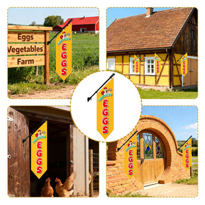Farm Fresh Eggs Flag with Pole Kit – 42x12inch Double-Sided Heavy-Duty Canvas Flag, Outdoor Rustic Farm Stand or Market Stall Sign, Weatherproof Hanging Advertising Display (Yellow)