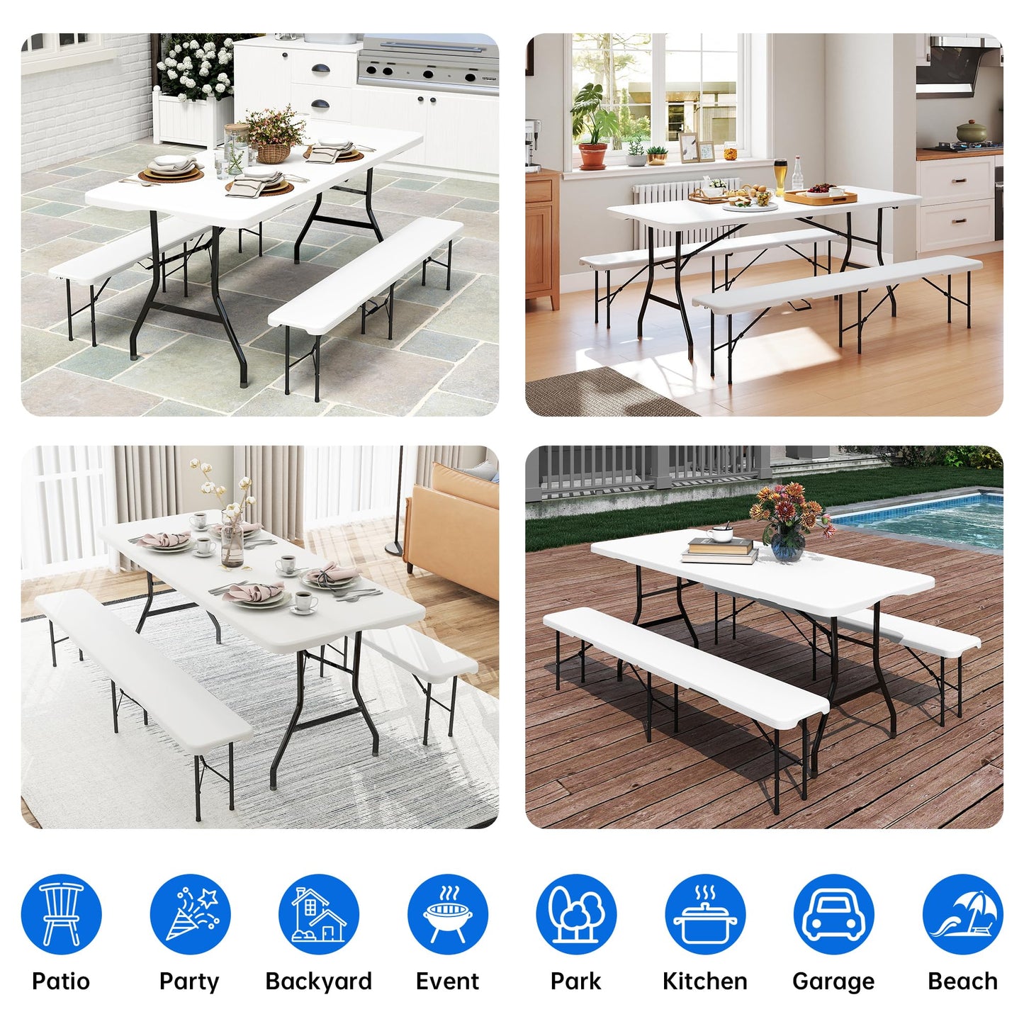 Winlice 6 FT White Picnic Folding Table Set with 2 Benches, Portable Patio Dining Sets for Backyard, Lawn, Event, Party, Camping