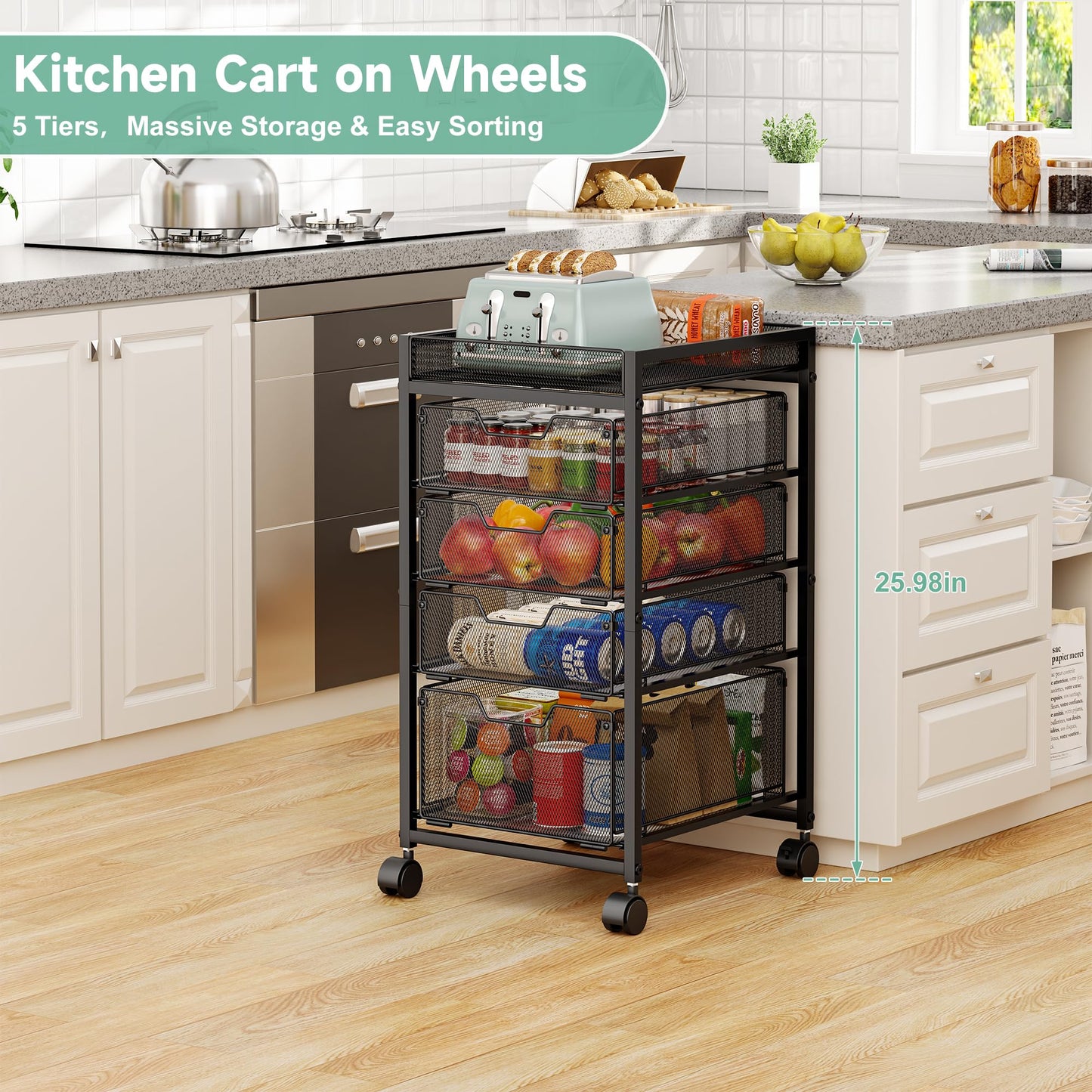 keomaisyto 5-Tier Kitchen Storage Cart with Top Basket & Drawers, Fruit and Vegetable Storage Rack on Lockable Wheels, Metal Kitchen Organization for Snacks, Potatoes, Onions, Cans & Craft Supplies
