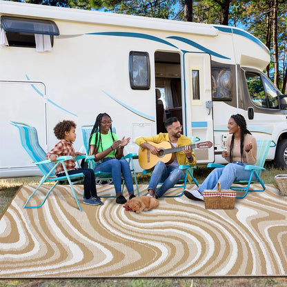 Garvee 10x14 Modern Large Outdoor Rug, Waterproof Rug for Camping, Reversible Plastic Straw Rugs UV Resistant Abstract Carpet for Picnic Backyard Deck Balcony Porch Beach Trailer, Light Brown