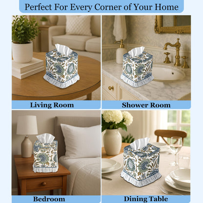 Ridhi Asparagus Green Block Print Ruffle Tissue Box Cover Handmade Cotton Decorative Square Napkin Holder for Home Bedroom Living Room Bathroom Vanity Countertop Car Office Kitchen