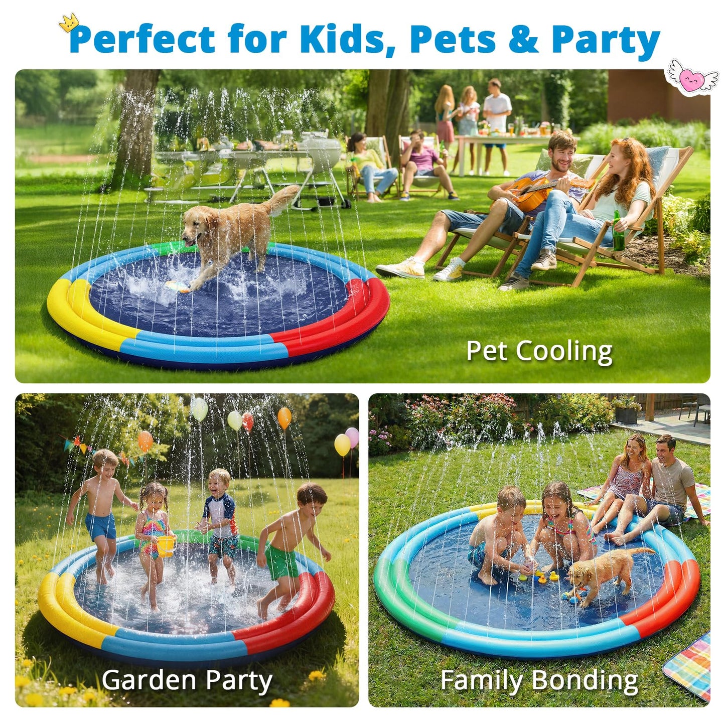 Large Splash Pad for Kids & Dogs, 78” Sprinkler Splash Pad with Dual Spray Tubes, Thick Non-Slip Water Play Mat for Backyard, Summer Outdoor Water Toys for Toddlers & Family