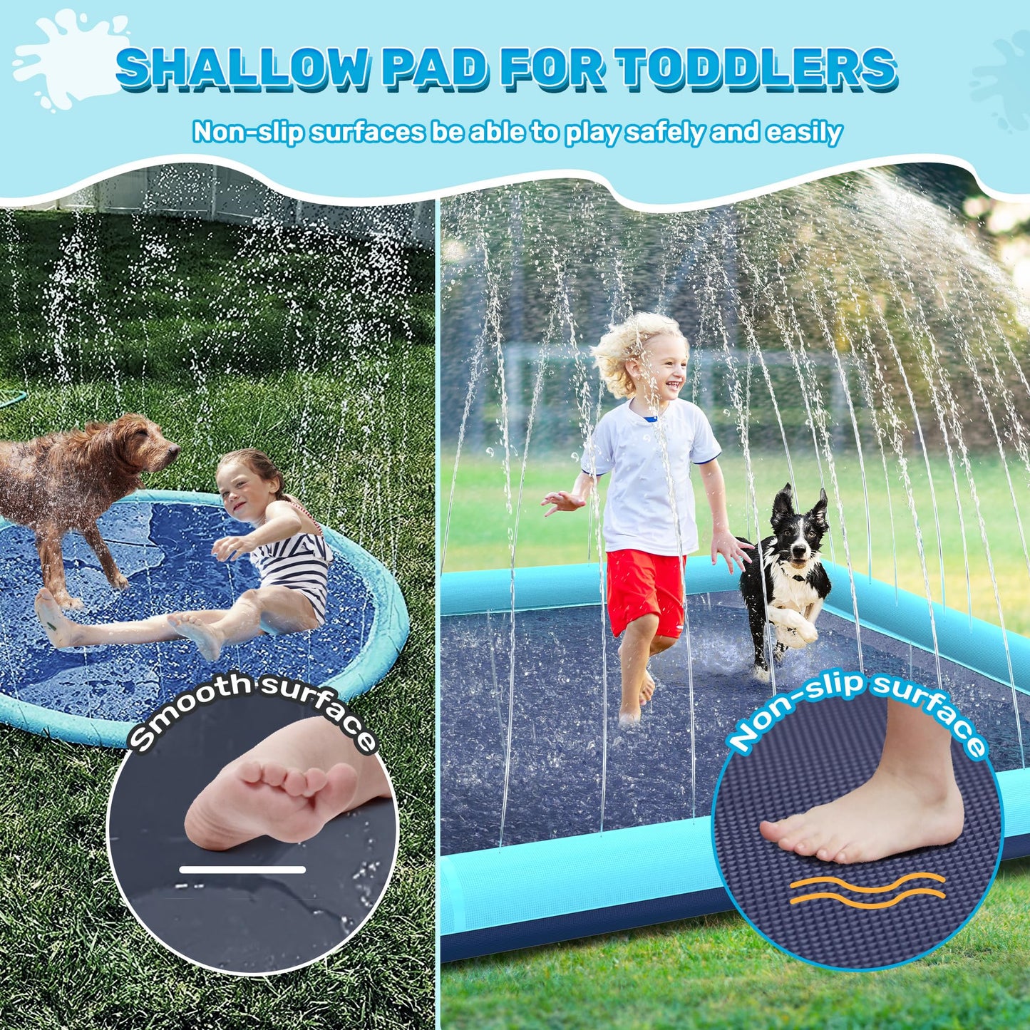 Bilibara 15 FT Jumbo Splash Pad for Dogs, Non-Slip Splash Pads for Toddlers 3+, Heavy Duty Thickened Sprinkler Pool Summer Outdoor Water Toys for Backyard, Teal