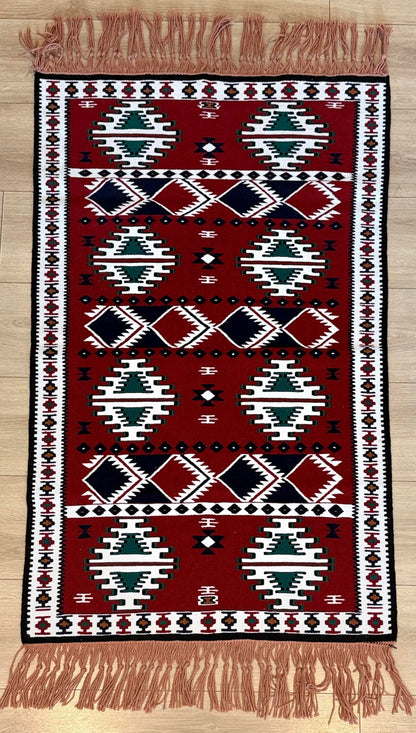 Handmade Turkish Area Rug(YORUK Kilim) - 100% Wool - 3x5 ft (32x56 in) Small Area Rug - Deep Red Burgundy, Traditional Diamond Pattern, Cozy Boho Decor for Living Room, Fireplace, or Bedroom