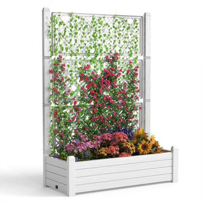 EasyUp Raised Garden Bed with Trellis for Climbing Plants, Outdoor Herb Planter Box with Drainage Plug & Water Gauge, Durable Resin for Patio, Balcony, Yard, Dust-Proof Garden Planter