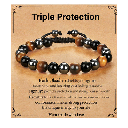 Gnamy Triple Protection Beaded Bracelet Gifts for Men, Adjustable Tiger Eye Black Obsidian Hematite Bracelets Christmas Birthday Valentines Anniversary Healing Sobriety Jewelry Gifts for Husband Dad Boyfriend Brother Him