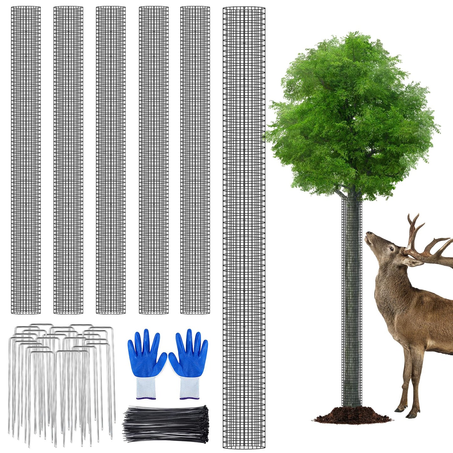 UJG 6PCS 48'' Metal Tree Protectors from Deer, Mesh Tree Bark Protector Guard from Deer, Tree Cages for Deer, Tree Trunk Protector to Protect Bark from Deer Mowers with Zip Ties & Metal Stakes