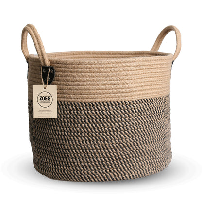ZOES HOMEWARE 14"x12" Natural Jute Rope Woven Storage Basket with Handles for Plant, Blankets,Toys,Clothes,Shoes - Living Room Home Decor,Multifunctional Basket for Organizer,Picnic,Artificial Tree
