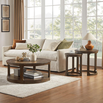 WILLIAMSPACE 24" Round Nesting Coffee Table Set of 2, Solid Wood Coffee Tables Mid Century Rustic Farmhouse Side End Tea Table for Living Room, Apartment (Drak Brown)