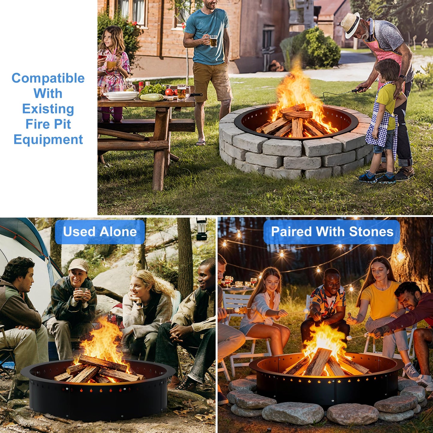 RELIANCER 35.5'' Fire Pit Ring,Outdoor Smokeless Fire Pit Liner,Heavy Duty Steel Wood Burning Firepit Rings Insert kit,DIY Campfire Fireplace Rings Insertion Barrier Lining for Backyard,Garden,Patio