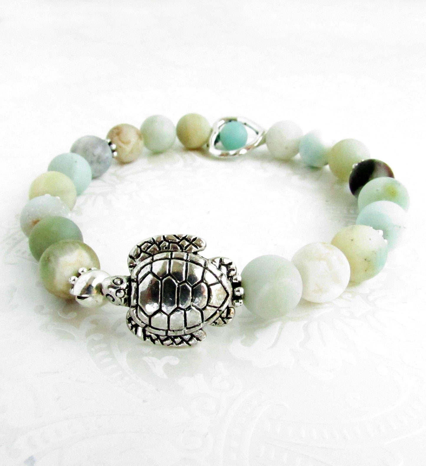 Sea Turtle and Heart Charm Bracelet with Amazonite Stones, Valentines Gifts for Women