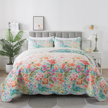 HoneiLife Quilt Sets Queen Size - Floral Quilt 3-Piece, Botanical Bedspreads Wildflower Coverlets for Queen Bed, Microfiber Bed Cover, All Season Quilts-Coral Pink