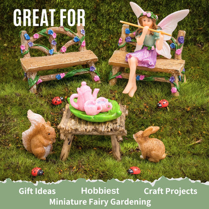 PRETMANNS Fairies for Fairy Garden Accessories for Outdoor - Figurine Bella and Furniture for Miniature Set with Squirrel, a Bunny, 4 Ladybugs - Ideal for Fairy Garden Starter Kit - 14 Piece Supplies