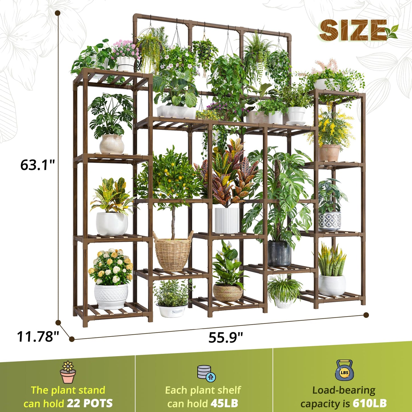 EnHomee Plant Stand Indoor Tall Plant Stand Outdoor Large Wood Plants Shelf with 18-22 Pots for Patio, Living Room, Garden, Balcony, 55.9" Wx63.1 Hx11.78 D