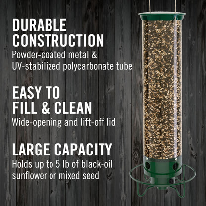 Droll Yankees Squirrel Proof Bird Feeder for Outdoors – Rechargeable Weight-Activated Rotating Perch, 5lb Seed Capacity, Metal Base, UV-Stabilized Seed Tube, Hanging Green Yankee Flipper, YF-M