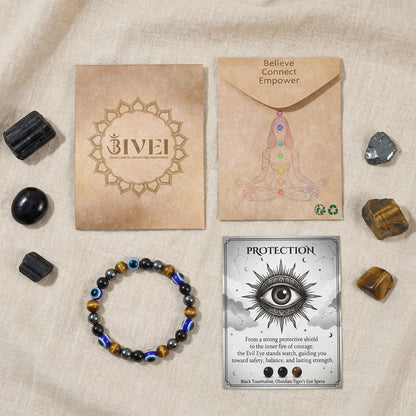 Bivei Evil Eye Bracelets Protection, Strength Crystal Healing Bracelet 8MM with Black Tourmaline, Obsidian & Tiger Eye - Spiritual Stretch Beaded Jewelry for Women Men Gift