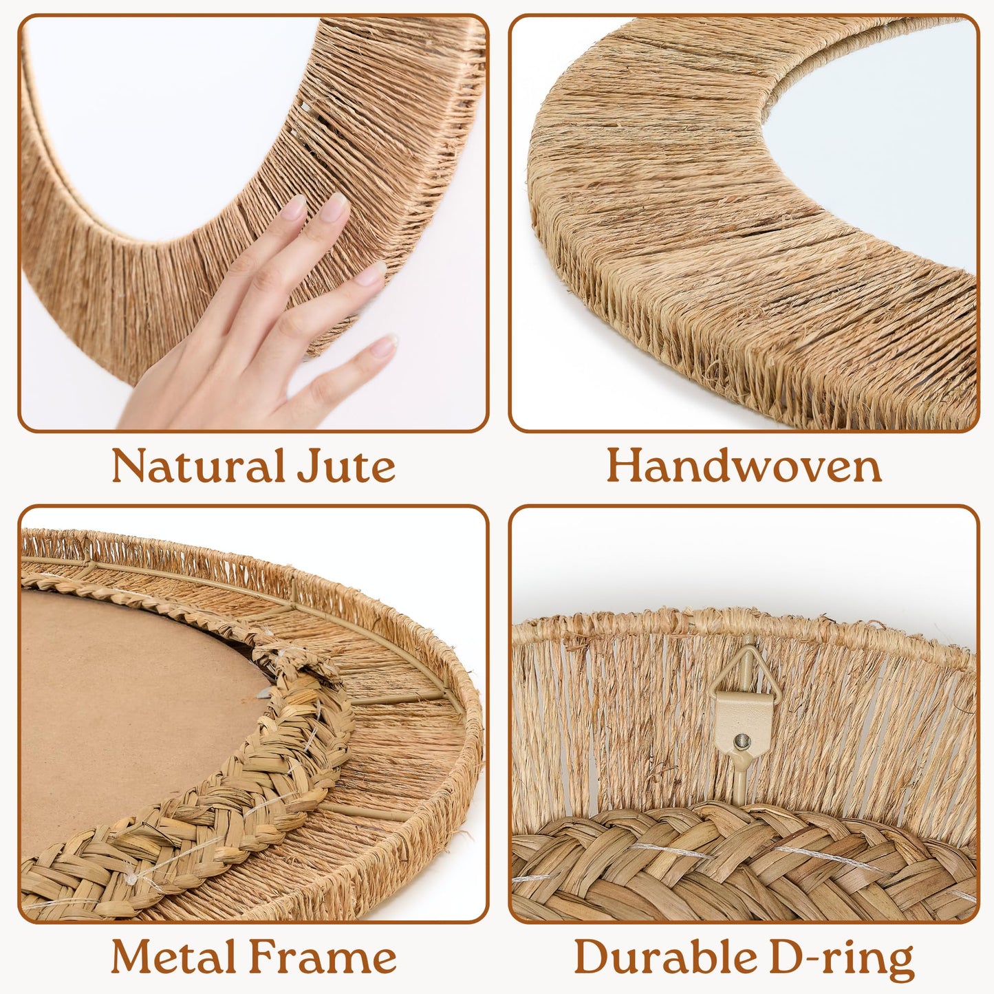 Chi An Home 24 Inch Natural Jute Mirror, Wall Mounted Round Mirror with Metal Frame, Wall Decor Rustic Farmhouse Boho Decor Accent for Bathroom, Bedroom, Living Room, or Entryway
