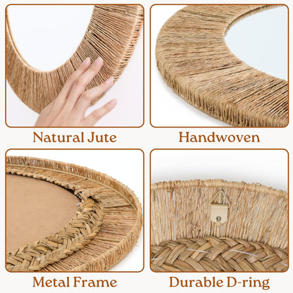 Chi An Home 24 Inch Natural Jute Mirror, Wall Mounted Round Mirror with Metal Frame, Wall Decor Rustic Farmhouse Boho Decor Accent for Bathroom, Bedroom, Living Room, or Entryway