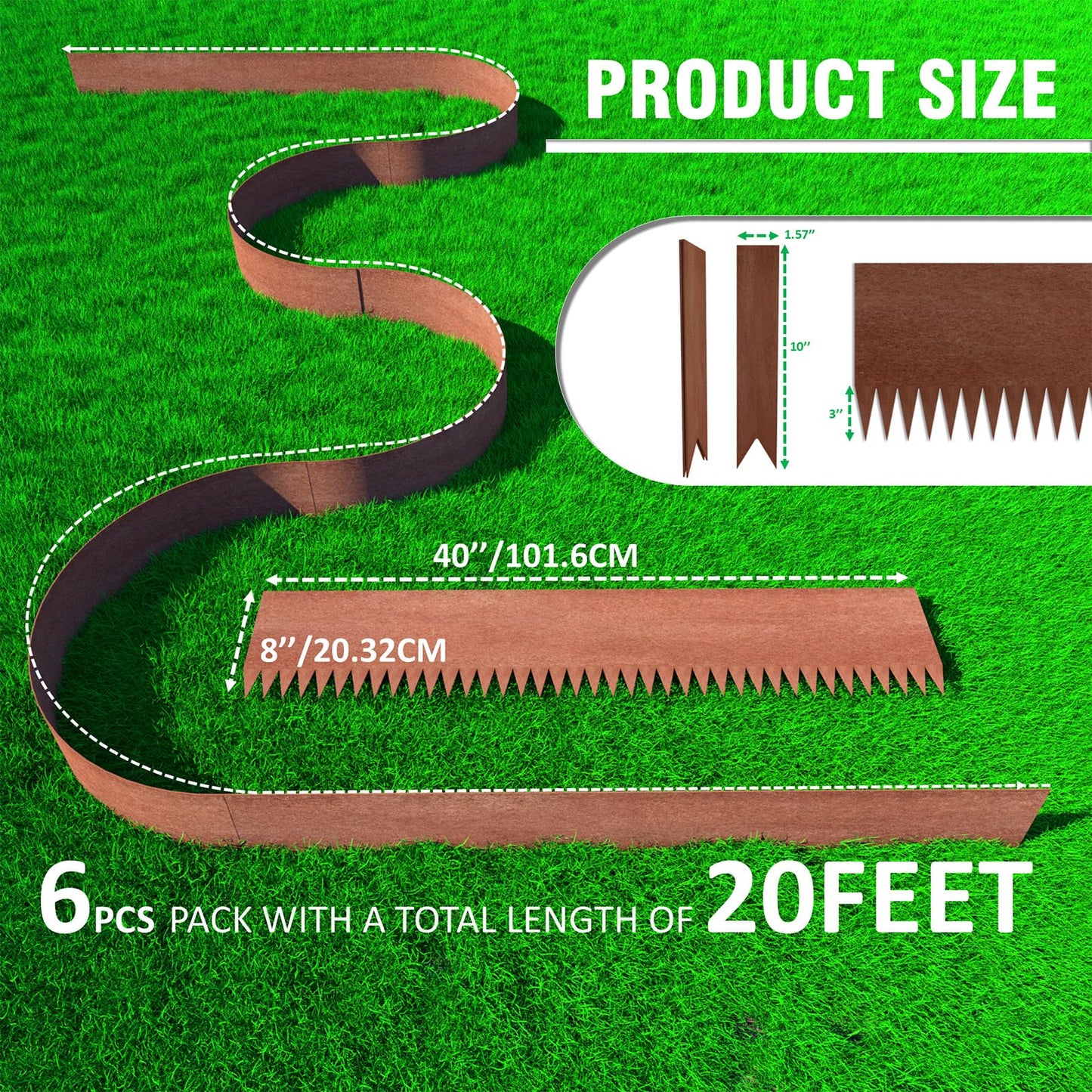 20ft. 6-Pack Cor-Ten Steel Landscape Edging - 40" L x 8" H Lawn Edging with 6 Stakes, Hammer-in Metal Garden Border for Landscaping, Lawn & Yard (Rusted)