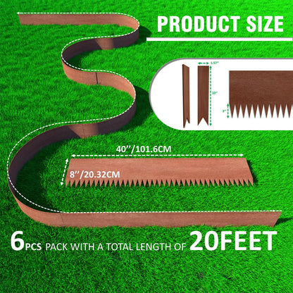 20ft. 6-Pack Cor-Ten Steel Landscape Edging - 40" L x 8" H Lawn Edging with 6 Stakes, Hammer-in Metal Garden Border for Landscaping, Lawn & Yard (Rusted)