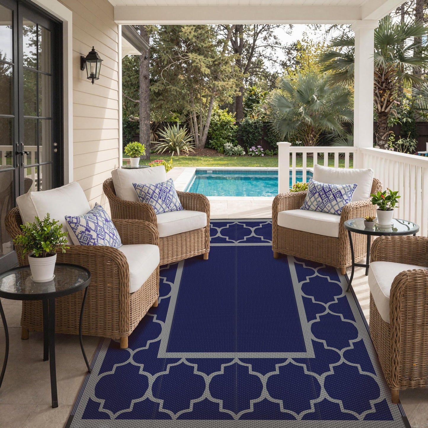 GENIMO 4 ' x 6 ' Outdoor Rug for Patio Clearance, Waterproof Indoor Outdoor Plastic Straw Rugs Carpet, Reversible Outside Area Rv Mat for Camping, Balcony Porch, Deck, Picnic, Beach (Blue & Gray)