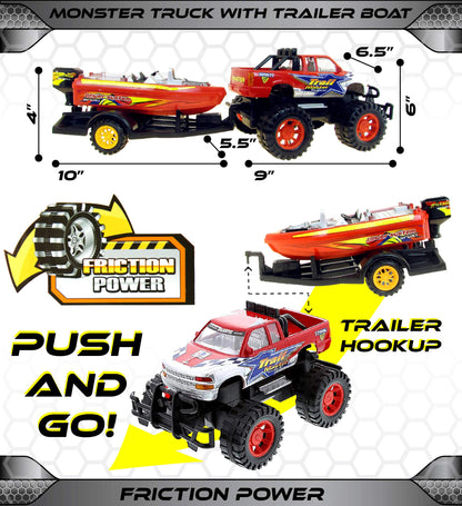 Mozlly Monster Truck Toys Set with Trailer Toy Boat - Friction Powered Hauling Truck and Trailer Toy, Big Toy Monster Truck with Boat, Adventure Truck Pulling Boat Toy Monster Trucks for Kids - 9 Inch