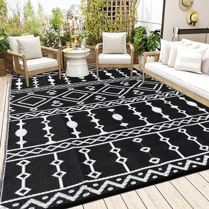 Acekool Waterproof Outdoor Rug, 8x10ft Plastic Straw Rug for RV Camping, Large Floor Mat and Rug for Outdoors, Outside Carpet for Rv, Deck, Camper, Picnic, Black