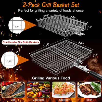 Grill Baskets for Outdoor Grill, 2PCS BBQ Grilling Basket with Removable Wooden Handle, Stainless Steel Camping Cooking Grill Accessories for Meat Fish Vegetable Seafood, Gifts for Men Dad Husband