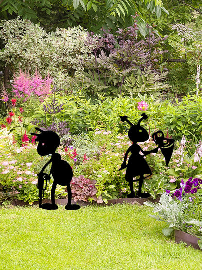Ruelen 4 Piece Metal Ant Garden Decorative Stakes - Black Working Farm Yard Art Decor. Outdoor Art for Pathway & Lawn Patio Backyard Decoration Set