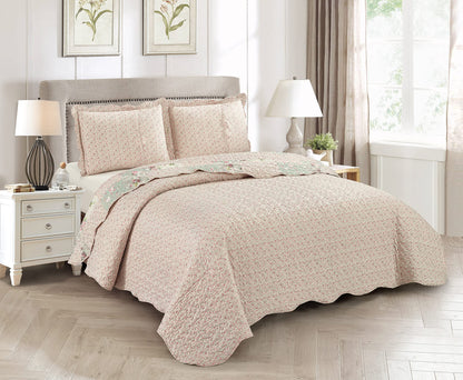 Brilliant Sunshine Rose and Sage Quilt Set, 3-Piece Bedding Sets, Traditional Patchwork Design, Washable and Reversible Bedspread, Soft Lightweight Coverlet, All-Season, Full/Queen, Light Pink Green