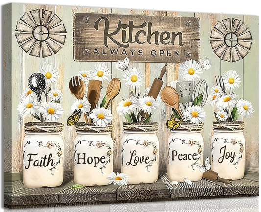 NOHHPYL Rustic Farmhouse Kitchen Canvas Wall Art Vintage Country Tableware Wall Decor Rustic Daisy Flowers Painting Inspirational Painting Artwork for Dining Room Living Room Home Decoration 12x16in