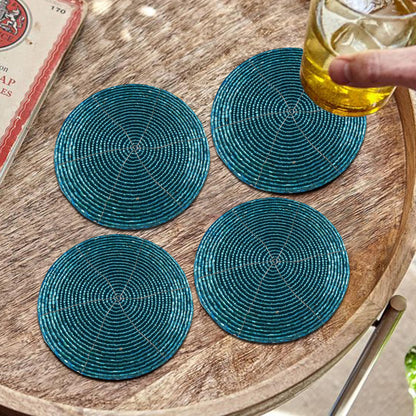 Handmade Beaded Coasters Set of 6, Teal Blue Circular Pattern Decorative Drink Coasters for Coffee Table, Dining Room Table, Wedding Party, Birthday Gift - 4 Inch - Teal