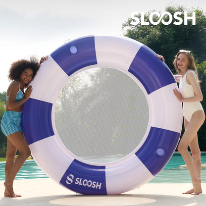 SLOOSH Inflatable Pool Lounger Float with Mesh, 80" x 80" Tanning Pool Floats, Double Lounger Round Ring for Adults, Floating Mat Raft for Lake and Beach with Cup Holder (Navyblue Strpie)