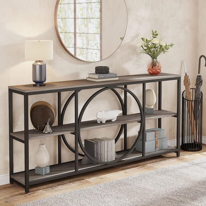 Tribesigns 70.9 inch Sofa Console Table, Extra Long Narrow Entryway Tables with 3 Tier Wood Storage Shelves Metal Frame for Foyer Hallway Living Room Behind Couch, Black Rustic Gray