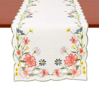 Chlophy Spring Table Runner Embroidered Wildflower Scalloped Small Floral Table Runner Farmhouse Short Flower Runner for Coffee Table Dining Decoration 36 inch Beige
