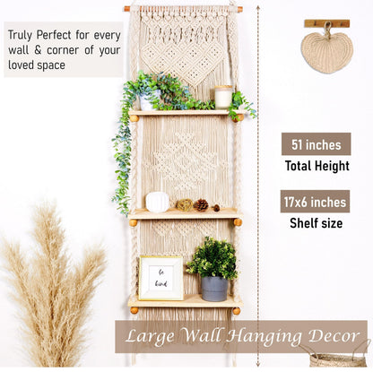 Induslyfe Macrame Wall Hanging Shelf 3 Tier Boho Wall Plant Hanger Shelves, Handmade of Woven Rope Boho Shelves Organizer for Living Room Bathroom Home Storage Floating Plant Rack Bohemian décor